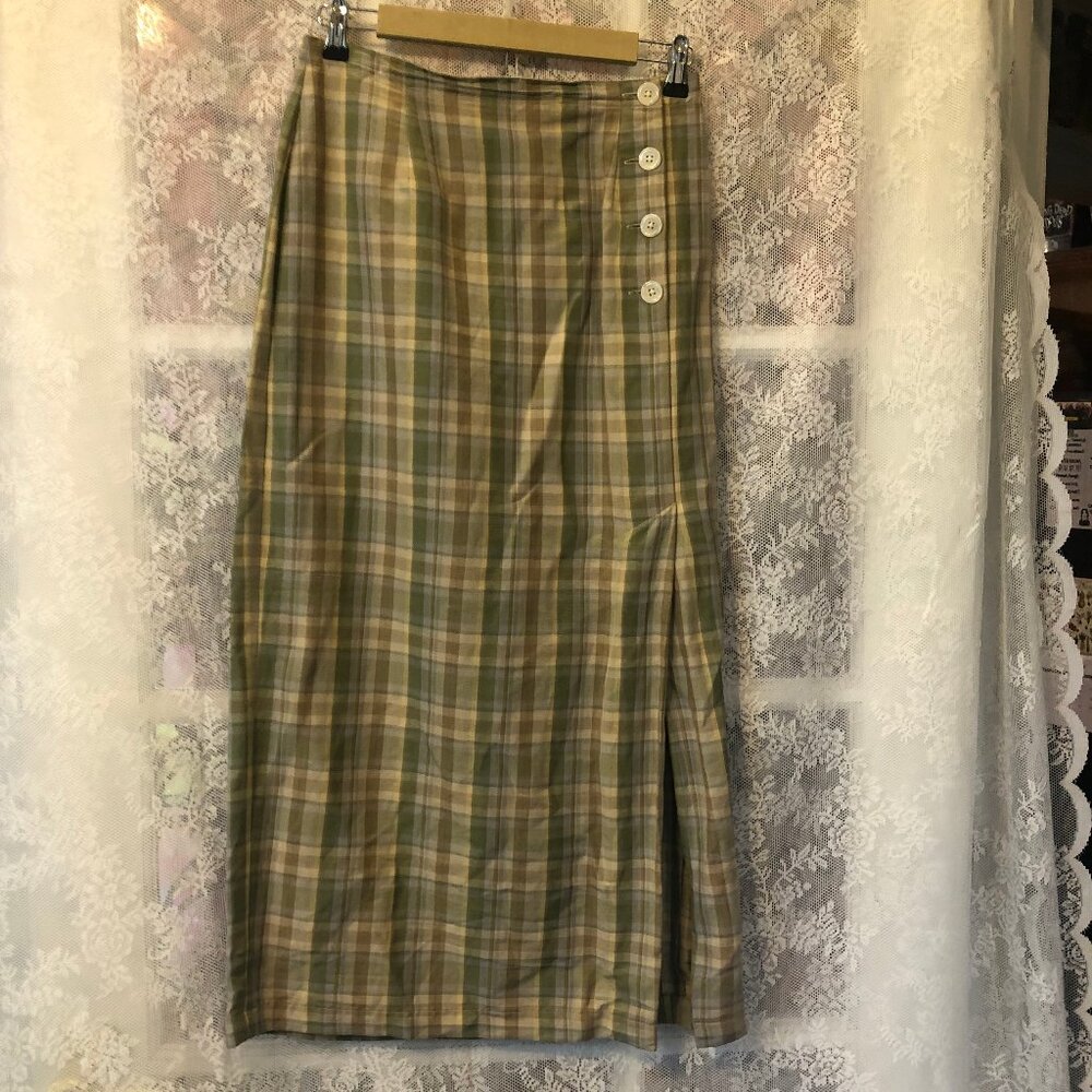 Vintage Gap Plaid Madras long Linen Skirt 8 Med Side Buttons Slit Green Brown